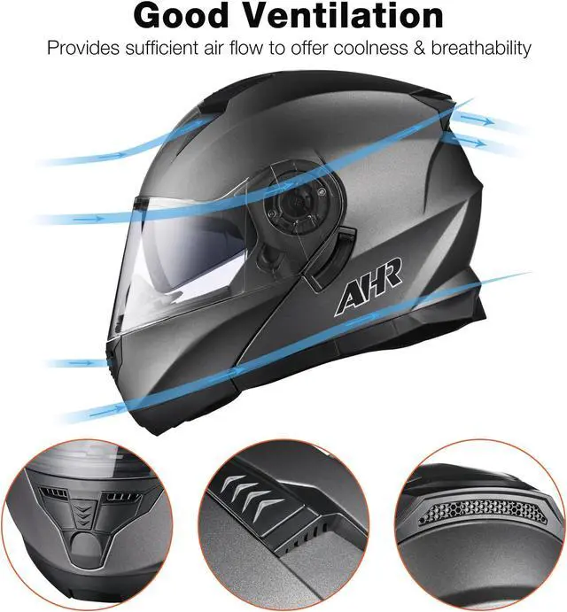 Alt view image 5 of 7 - AHR RUN-M3 Modular Flip Up Helmet Full Face Dual Visor DOT Motorcycle Bike S