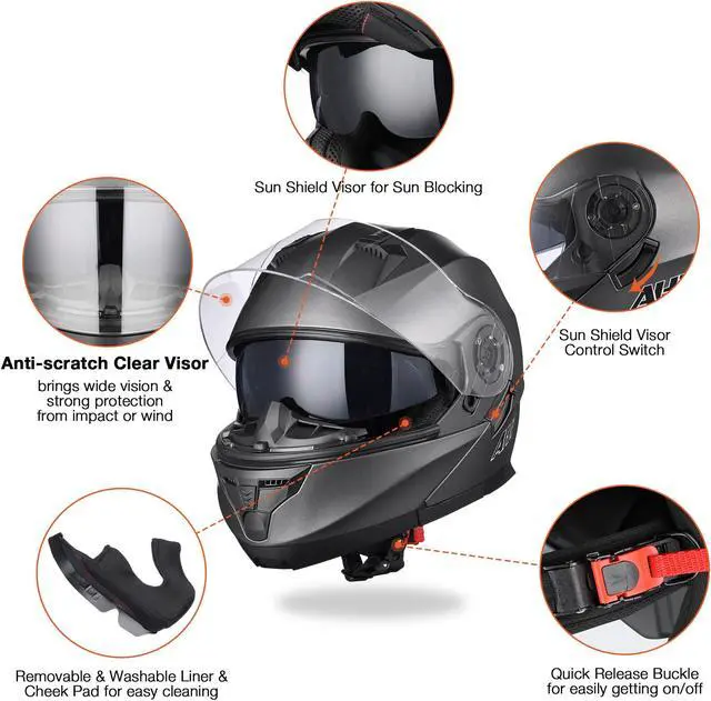 Alt view image 7 of 7 - AHR RUN-M3 Modular Flip Up Helmet Full Face Dual Visor DOT Motorcycle Bike S