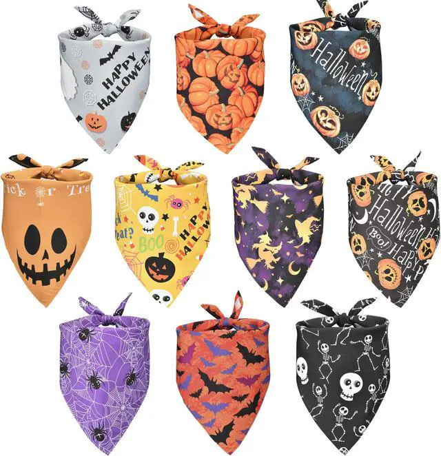 Alt view image 3 of 7 - 10 Pack Halloween Dog Bandanas Triangle Bibs Scarf Pet Kerchief Pumpkin Ghost