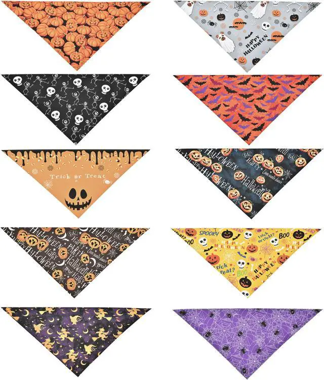 Alt view image 4 of 7 - 10 Pack Halloween Dog Bandanas Triangle Bibs Scarf Pet Kerchief Pumpkin Ghost