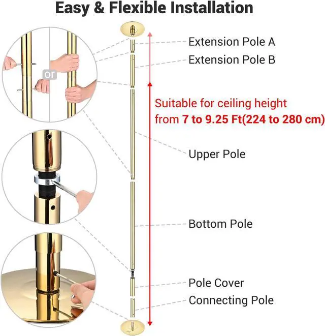 Alt view image 4 of 7 - Yescom Professional Stripper Pole Static Spinning Dancing Pole Kit 9.25FT for Party Club Exercise Fitness, Gold