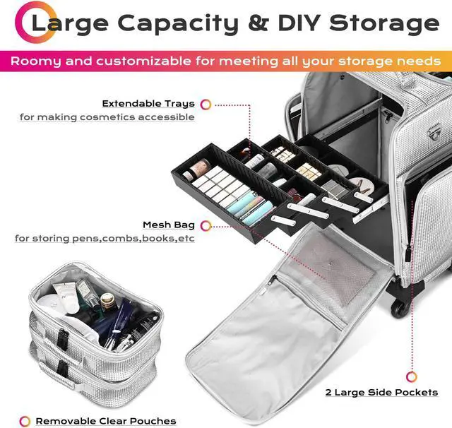 Alt view image 3 of 7 - Byootique Soft Sided Rolling Makeup Train Case Cosmetic Organizer Travel Trolley