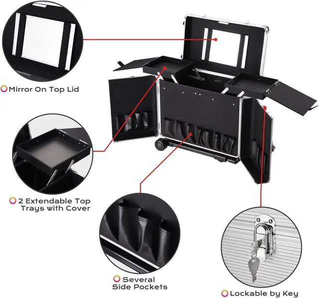 Alt view image 2 of 7 - AW Rolling Makeup Hair Salon Stylist Train Case Clipper Trimmer Barber Tool Box Key