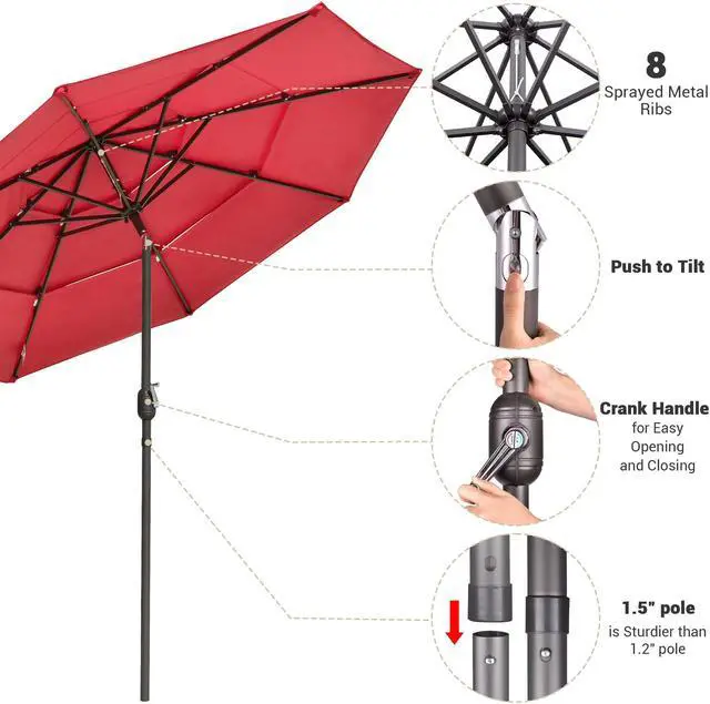 Alt view image 5 of 7 - Yescom 10 Ft 3 Tier Patio Umbrella with Crank Handle Push to Tilt Home Garden