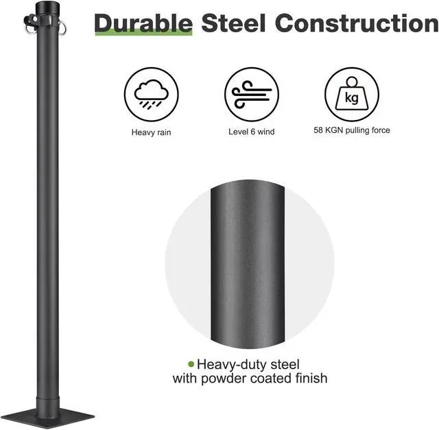Alt view image 6 of 7 - Yescom 10 Ft Sun Shade Sail Pole Post Canopy Awning Deck Patio Backyard with Pole Bracket Clamp Powder Patio Outdoor 121" Black