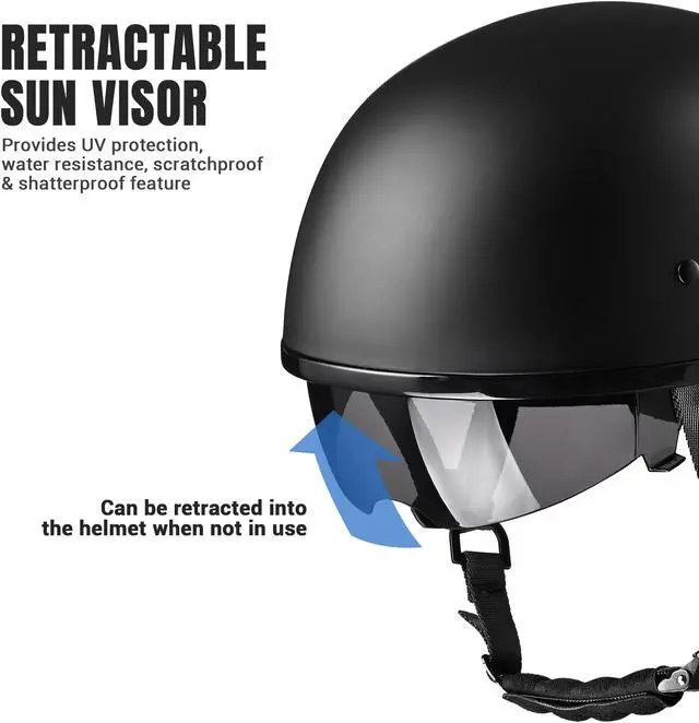 Alt view image 7 of 7 - AHR Half Face Motorcycle Helmet Sun Visor DOT Approved Bike Chopper Matte Black