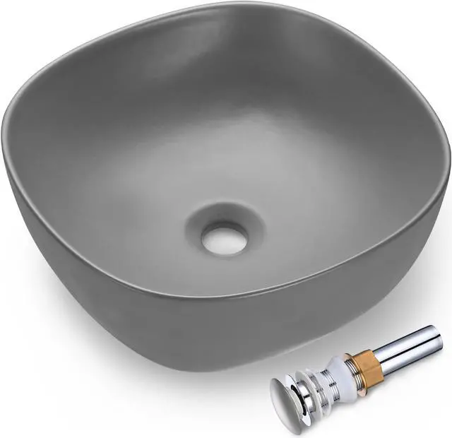 Main image of Aquaterior 16" Bathroom Ceramic Vessel Sink Countertop Bowl w/ Pop Up Drain Grey