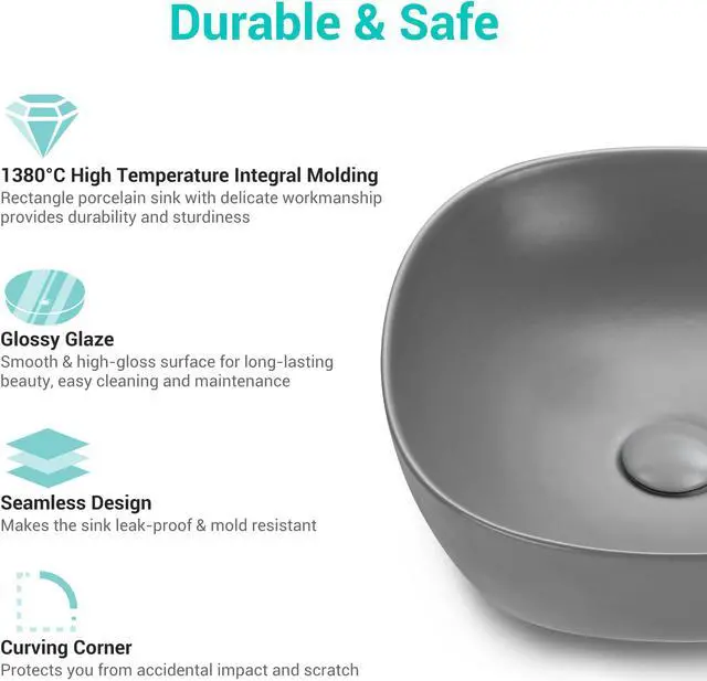 Alt view image 3 of 7 - Aquaterior 16" Bathroom Ceramic Vessel Sink Countertop Bowl w/ Pop Up Drain Grey