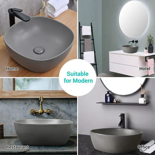 Alt view image 6 of 7 - Aquaterior 16" Bathroom Ceramic Vessel Sink Countertop Bowl w/ Pop Up Drain Grey
