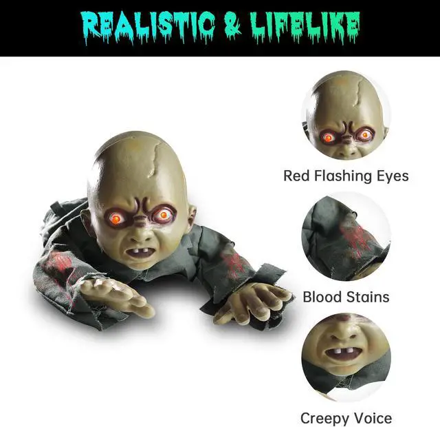 Alt view image 6 of 7 - Animated Crawling Baby Zombie Scary Ghost Baby Doll Halloween Decor Sound Sensor Flashing Eyes 2024