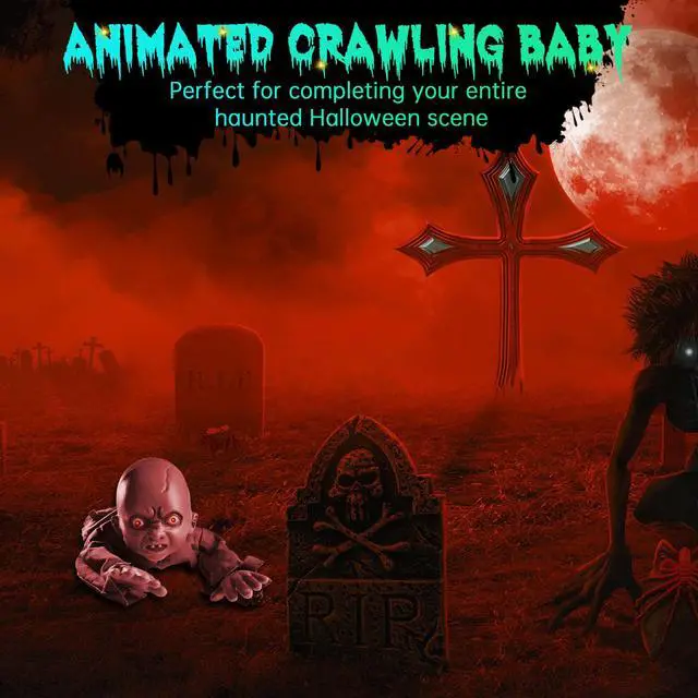 Alt view image 4 of 7 - Animated Crawling Baby Zombie Scary Ghost Baby Doll Halloween Decor Sound Sensor Flashing Eyes 2024
