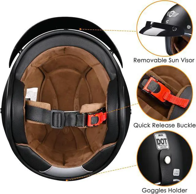 Alt view image 5 of 7 - AHR RUN-O5 Retro 3/4 Open Face Motorcycle Helmet DOT Visor Scooter Cruiser XL