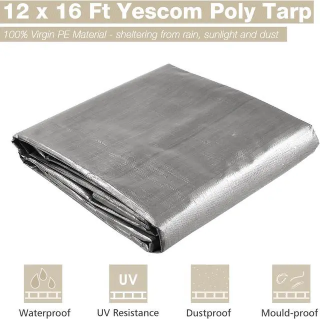 Alt view image 2 of 7 - Yescom 12x16 Ft Waterproof Poly Tarp with 25 Ball Bungees Protect Cover 10mil Tarpaulin