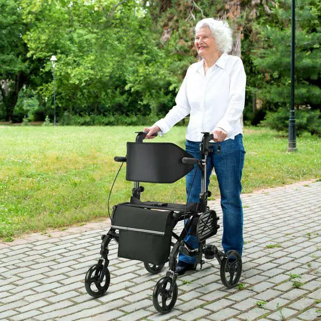 Alt view image 5 of 7 - Yescom 2 in 1 Rollator Walker Folding Transport Chair Padded Backrest for Senior