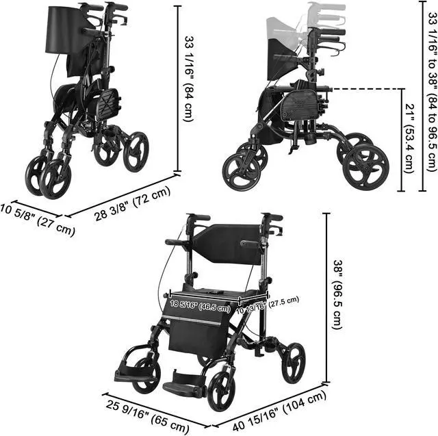 Alt view image 4 of 7 - Yescom 2 in 1 Rollator Walker Folding Transport Chair Padded Backrest for Senior
