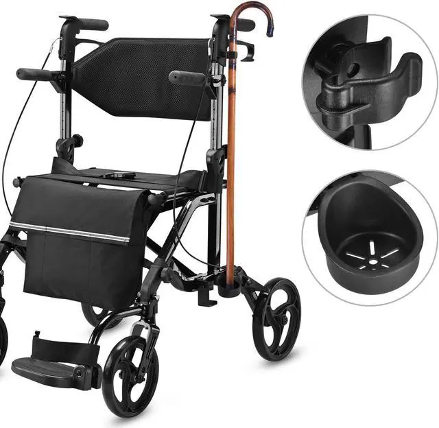 Alt view image 3 of 7 - Yescom 2 in 1 Rollator Walker Folding Transport Chair Padded Backrest for Senior
