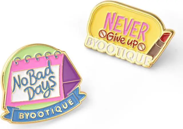 Main image of Byootique Inspirational Quote Badge Set Pin Brooch Enamel for Makeup Bag 2 Packs