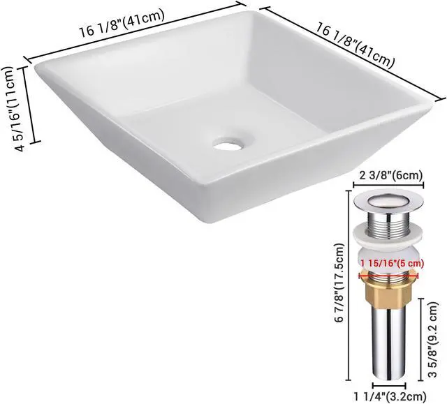 Alt view image 11 of 12 - Aquaterior® 2 Pcs Square Porcelain Above Counter Sink Bathroom Ceramic Vessel Basin Pop up Drain
