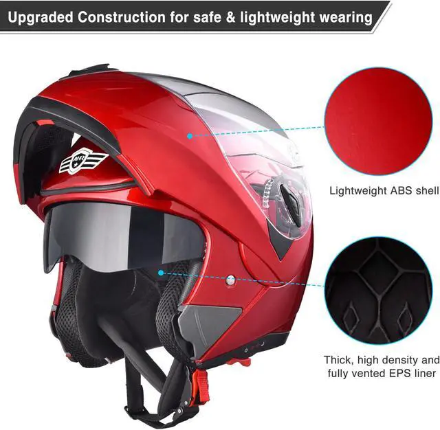 Alt view image 5 of 7 - AHR RUN-M Full Face Flip up Modular Motorcycle Helmet DOT Approved Dual Visor Motocross Red XL