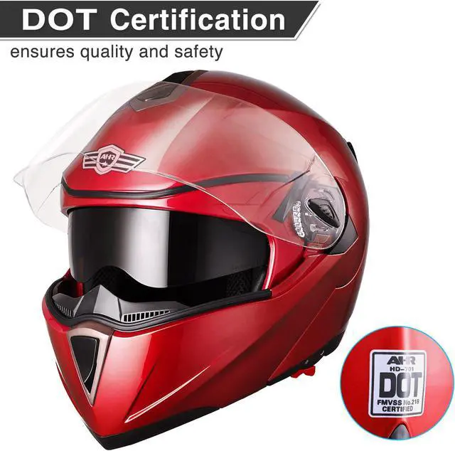 Alt view image 3 of 7 - AHR RUN-M Full Face Flip up Modular Motorcycle Helmet DOT Approved Dual Visor Motocross Red XL