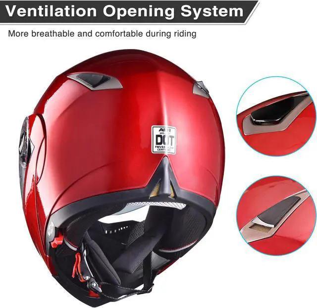 Alt view image 6 of 7 - AHR RUN-M Full Face Flip up Modular Motorcycle Helmet DOT Approved Dual Visor Motocross Red XL