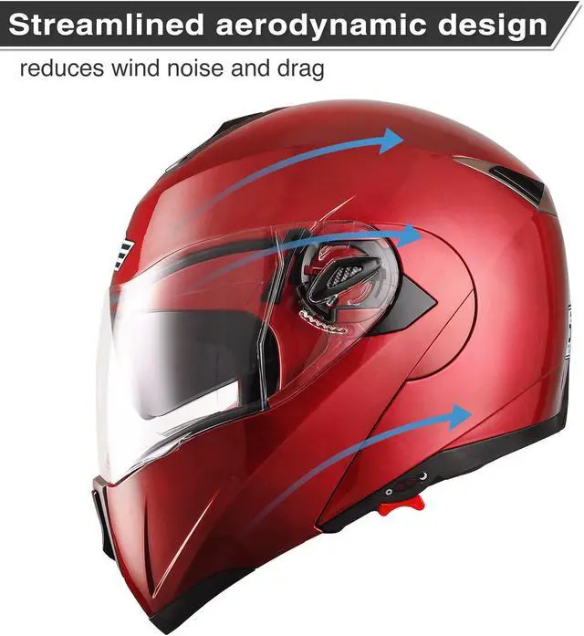 Alt view image 4 of 7 - AHR RUN-M Full Face Flip up Modular Motorcycle Helmet DOT Approved Dual Visor Motocross Red XL