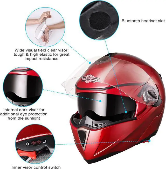 Alt view image 7 of 7 - AHR RUN-M Full Face Flip up Modular Motorcycle Helmet DOT Approved Dual Visor Motocross Red XL