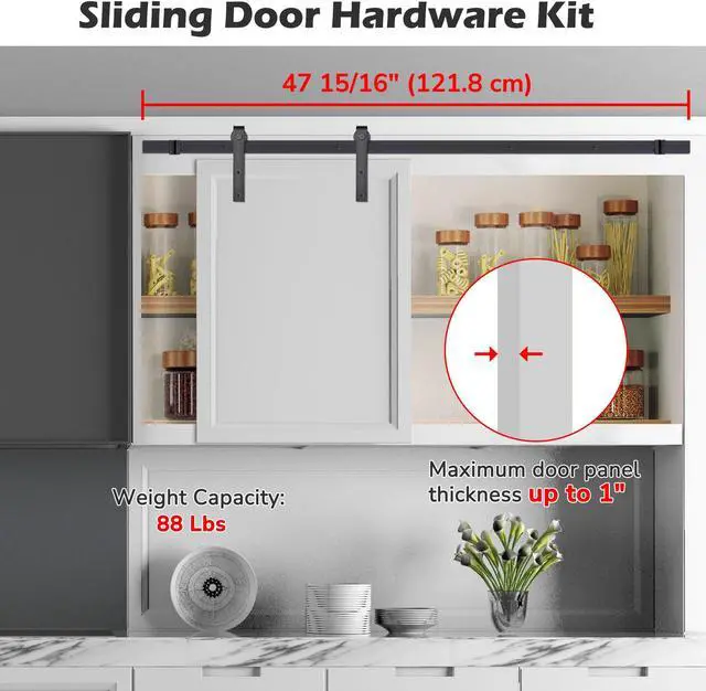 Alt view image 2 of 7 - 4 Ft. Mini Sliding Single Barn Door Hardware Roller Track Rail Kit Cabinet TV Stand Closet Kitchen