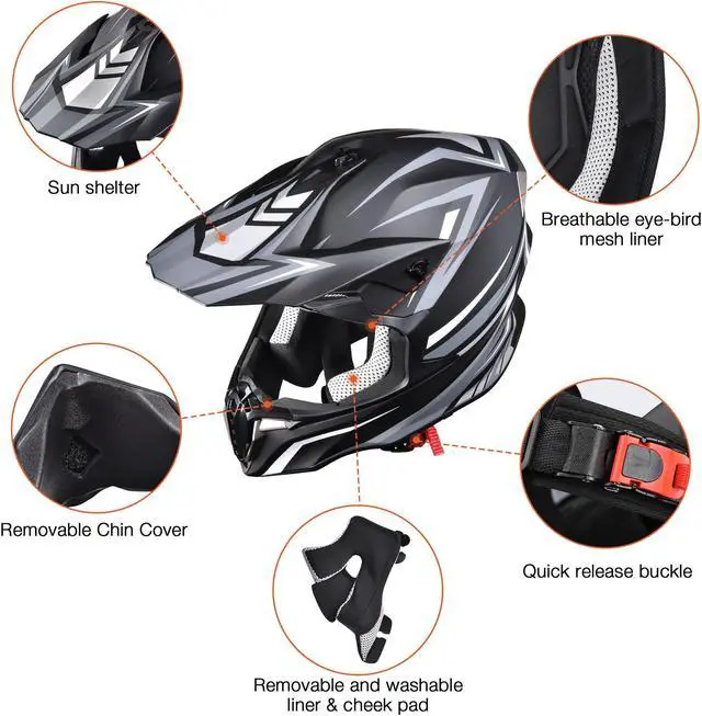 Alt view image 6 of 7 - AHR Offroad Full Face Motorcycle Helmet Motocross Dirt Bike ATV DOT Approved M
