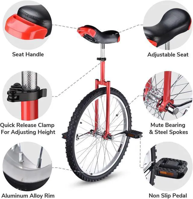Alt view image 2 of 7 - Yescom 24 In Wheel Outdoor Unicycle Adjustable Seat Anti-Skid Pedal Circus Bike for Adults Teenagers Kids, Red