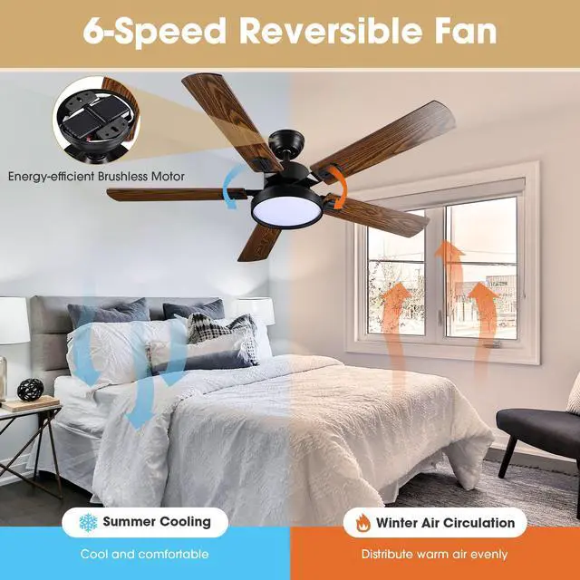 Alt view image 5 of 7 - DELight 52" Ceiling Fan with Light & Remote 6 Speed LED Chandelier Lamp Bedroom 2 Pack