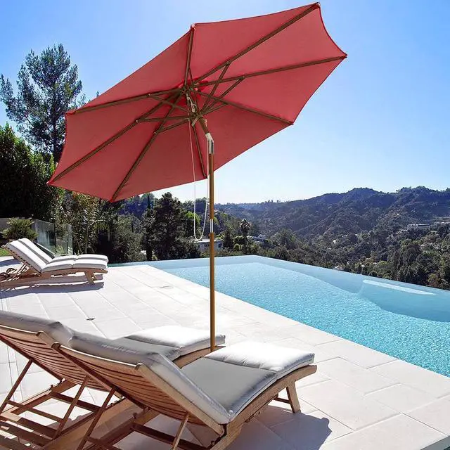 Alt view image 2 of 7 - 9ft Wooden Patio Umbrella 8 Ribs Outdoor Garden Parasol Beach Sunshade Easy Tilt