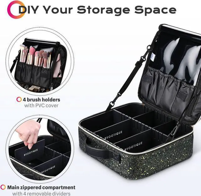 Alt view image 4 of 7 - Byootique Rolling Makeup Train Case Portable Cosmetic Bag Set for Freelance Makeup Artist Cosmetic Organize Storage Travel, Black