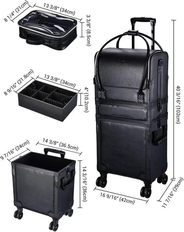 Alt view image 6 of 7 - Byootique Rolling Makeup Train Case Portable Cosmetic Bag Set for Freelance Makeup Artist Cosmetic Organize Storage Travel, Black