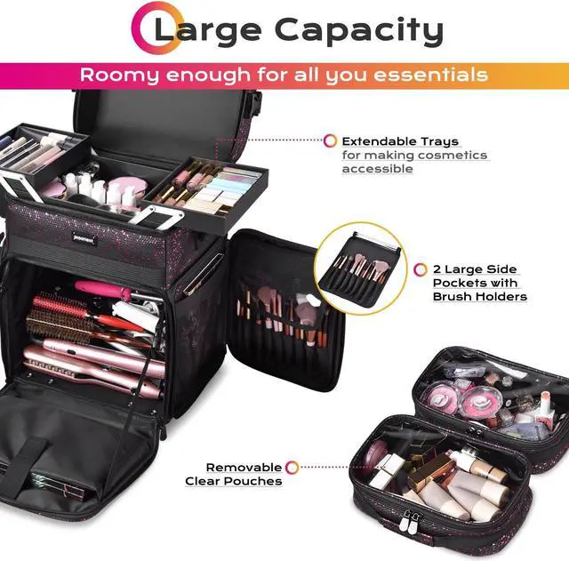 Alt view image 3 of 7 - Byootique Rolling Makeup Train Case 3-Piece Cosmetic Organizer Kit Trolley Organizer Travel Case Lockable Salon Barber Case Traveling Cart Trunk with Wheels for Makeup Artist Trave Nail,Mermaid Black