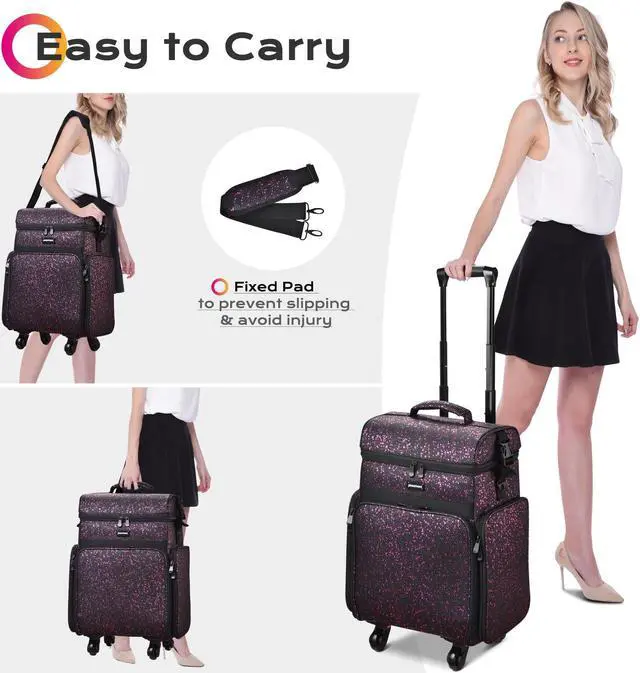 Alt view image 6 of 7 - Byootique Rolling Makeup Train Case 3-Piece Cosmetic Organizer Kit Trolley Organizer Travel Case Lockable Salon Barber Case Traveling Cart Trunk with Wheels for Makeup Artist Trave Nail,Mermaid Black