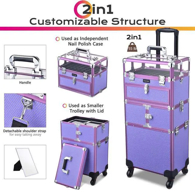 Alt view image 2 of 7 - Byootique Folding Manicure Nail Table 2in1 Rolling Makeup Train Case Kit Manicure Cosmetic Trolley Travel Organizer Nail Case, Purple