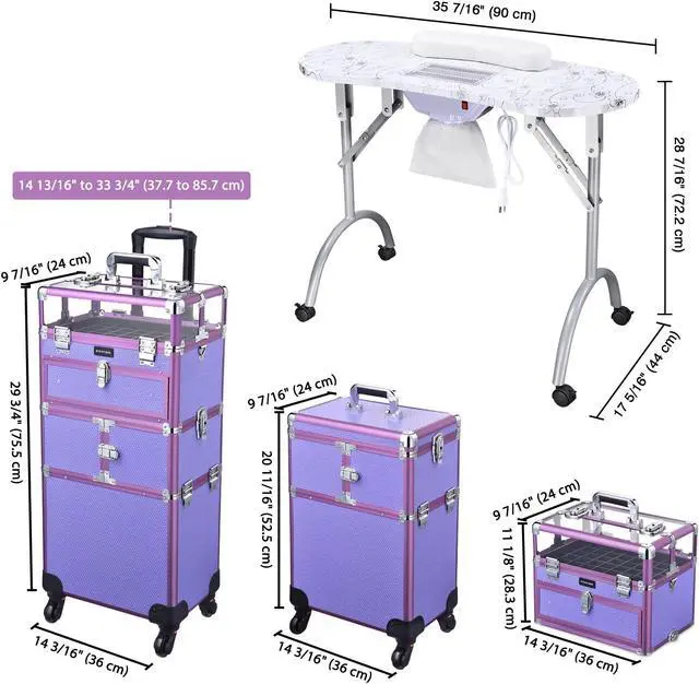 Alt view image 7 of 7 - Byootique Folding Manicure Nail Table 2in1 Rolling Makeup Train Case Kit Manicure Cosmetic Trolley Travel Organizer Nail Case, Purple