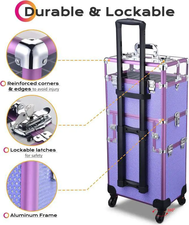 Alt view image 4 of 7 - Byootique Folding Manicure Nail Table 2in1 Rolling Makeup Train Case Kit Manicure Cosmetic Trolley Travel Organizer Nail Case, Purple