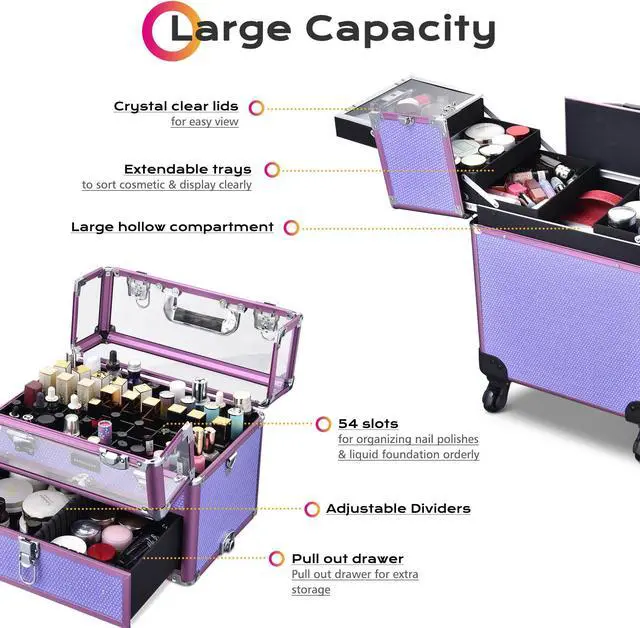 Alt view image 3 of 7 - Byootique Folding Manicure Nail Table 2in1 Rolling Makeup Train Case Kit Manicure Cosmetic Trolley Travel Organizer Nail Case, Purple