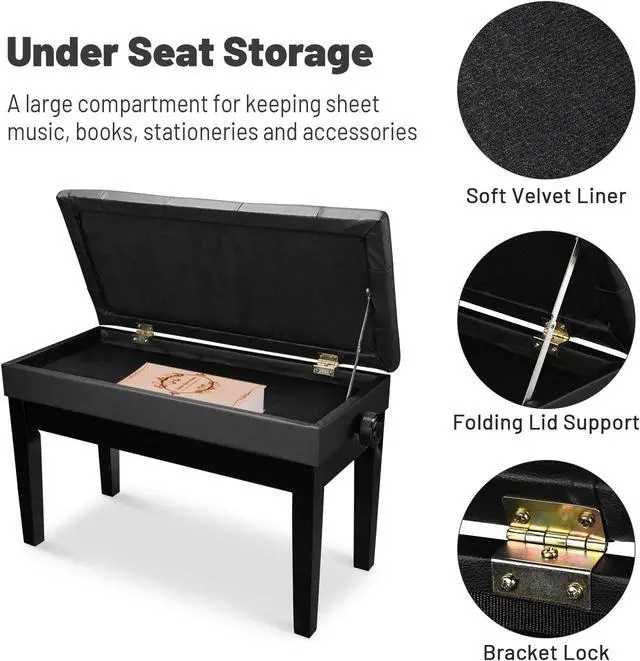 Alt view image 5 of 7 - Yescom Adjustable Duet Piano Bench PU Leather Padded Wooden Keyboard Storage