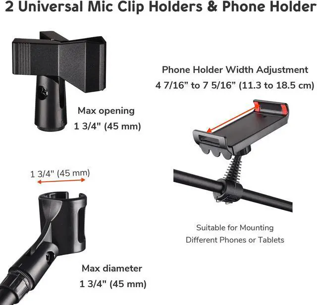 Alt view image 4 of 7 - 2 Pack Microphone Boom Arm Stand Adjustable Tripod W/ Phone Holder Dual Mic Clip