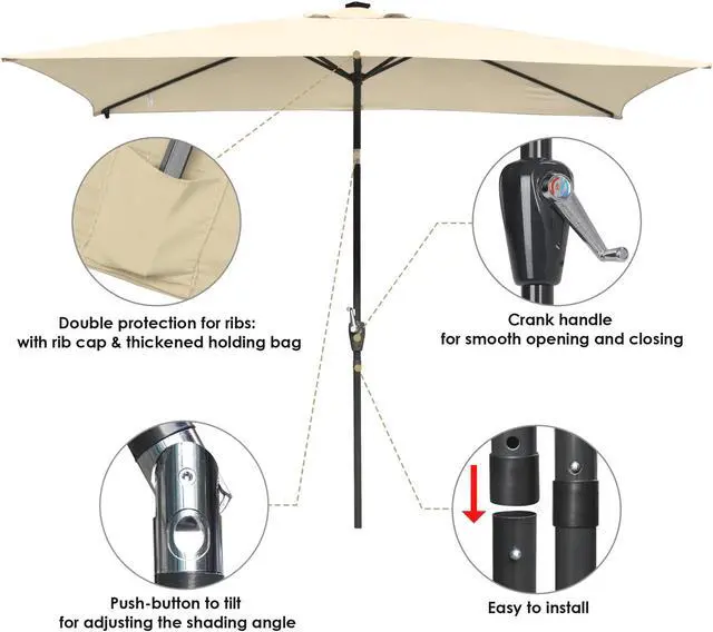 Alt view image 5 of 7 - 2Pcs 10x6.5' Rectangle Aluminum Solar Outdoor Crank Tilt Patio Umbrella w/ 20 LEDs Poolside Garden