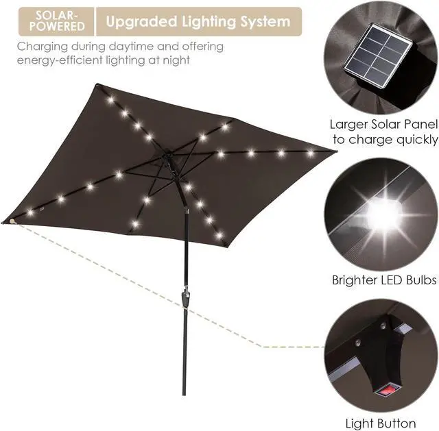 Alt view image 3 of 7 - 2Pcs 10x6.5ft Rectangle Outdoor Patio Aluminium Umbrella Solar Led Light Crank Tilt Chocolate