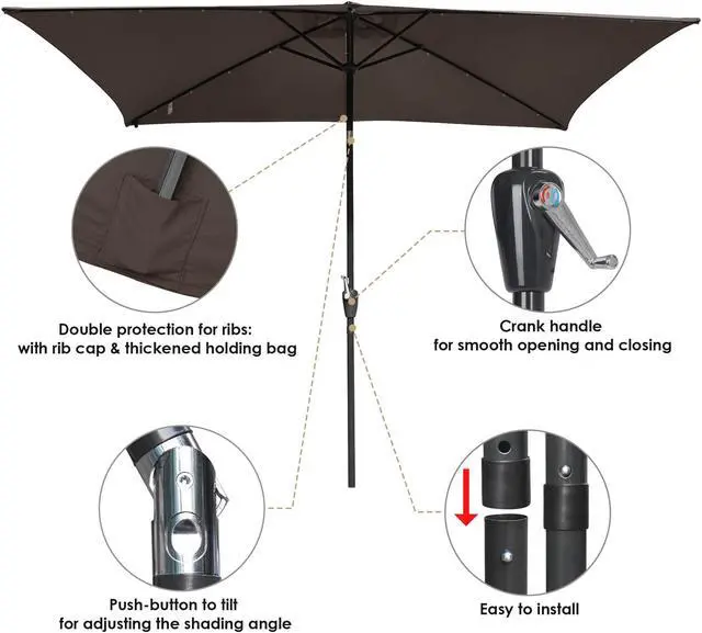 Alt view image 5 of 7 - 2Pcs 10x6.5ft Rectangle Outdoor Patio Aluminium Umbrella Solar Led Light Crank Tilt Chocolate