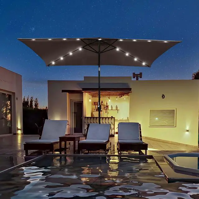 Alt view image 2 of 7 - 2Pcs 10x6.5ft Rectangle Outdoor Patio Aluminium Umbrella Solar Led Light Crank Tilt Chocolate