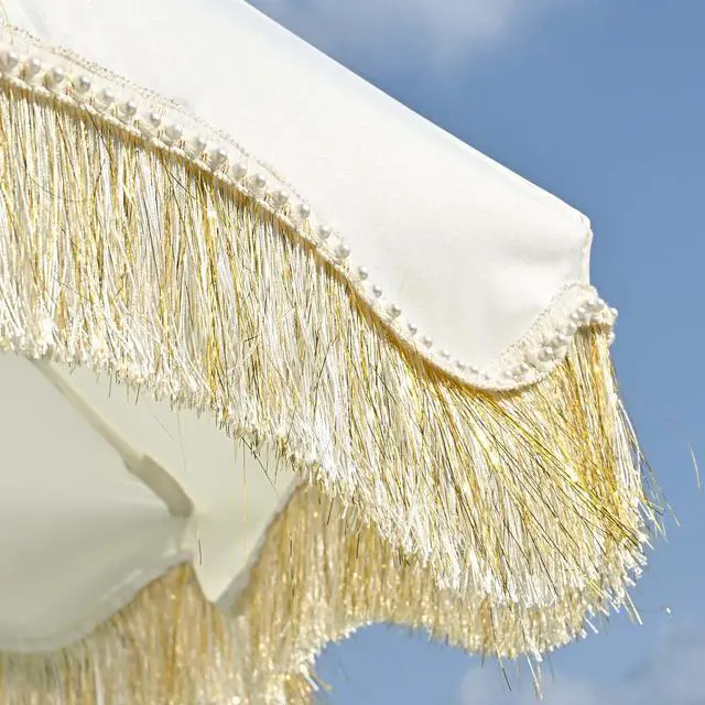 Alt view image 2 of 7 - LAGarden 6 Ft Fringe Patio Umbrella with Tassel Jazz Age Wood UPF50+ for Outdoor, Beige with gold tassel,Model: JZ6-01