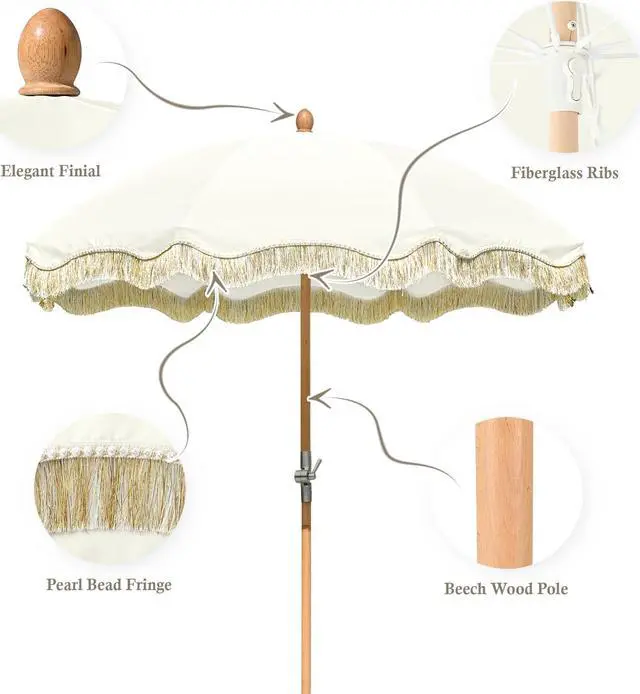 Alt view image 5 of 7 - LAGarden 6 Ft Fringe Patio Umbrella with Tassel Jazz Age Wood UPF50+ for Outdoor, Beige with gold tassel,Model: JZ6-01