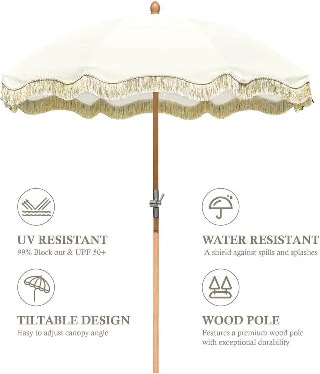 Alt view image 6 of 7 - LAGarden 6 Ft Fringe Patio Umbrella with Tassel Jazz Age Wood UPF50+ for Outdoor, Beige with gold tassel,Model: JZ6-01