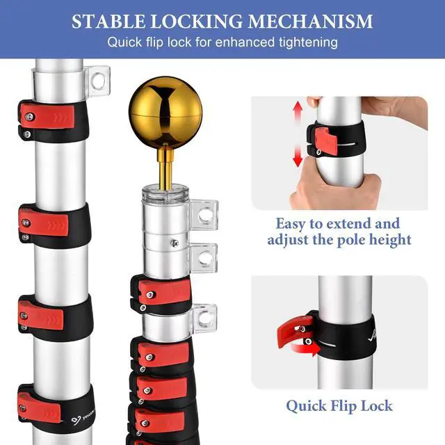Alt view image 3 of 7 - Yescom EZ GO 30ft Telescopic Flag Pole Kit Upgrade Rotating Lock for Outside Inground with 3x5' US Flag Ball Top Black